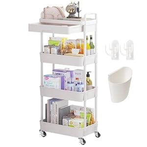 Wuciray Beauty Trolley on Wheels 4 Tier Storage Trolley with Drawer Plastic Beauty Trolleys Rolling Utility Cart for Home Kitchen Bathroom Laundry Office White Storage Trolleys on Wheels