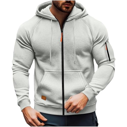 BIBOKAOKE Hoodie Men's Hooded Pillover with Pockets, Cardigan with Zip, Plain Sweatshirt with Soft Drawstring, Cotton, Comfortable Fit, Sportswear, GY2, S