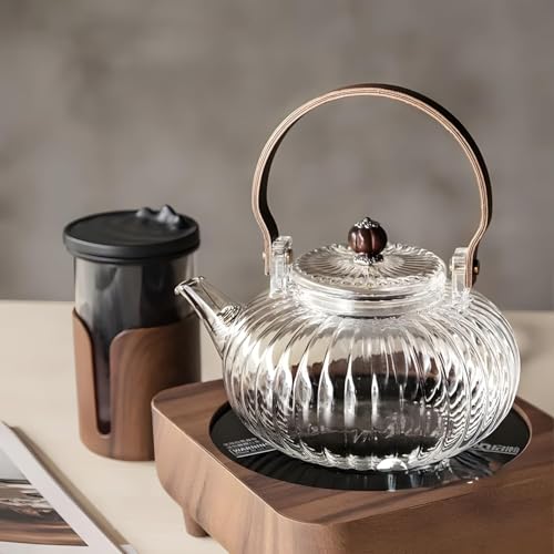 Image of Glass Teapot with Infuser, Stovetop & Microwave Safe Borosilicate Glass Kettle with Wooden Handle for Loose Leaf and Fruit Tea, Clear, 1 Liter Capacity