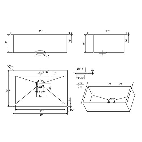 Friho 30\"x 22\" Inch 18 Gauge Commercial Topmount Drop-in Single Bowl Basin Handmade SUS304 Stainless Steel Kitchen Sink, Brushed Nickel Kitchen Sinks with Dish Grid and Basket Strainer