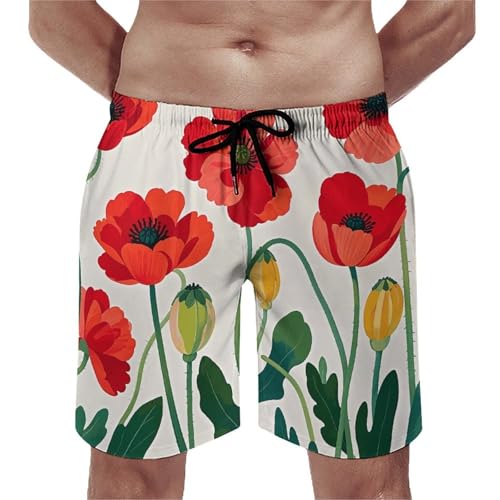 Mens Shorts Poppy Flowers Men Swim Trunks Quick-Dry Beach Shorts with Drawstring Pocket Bathing Suit