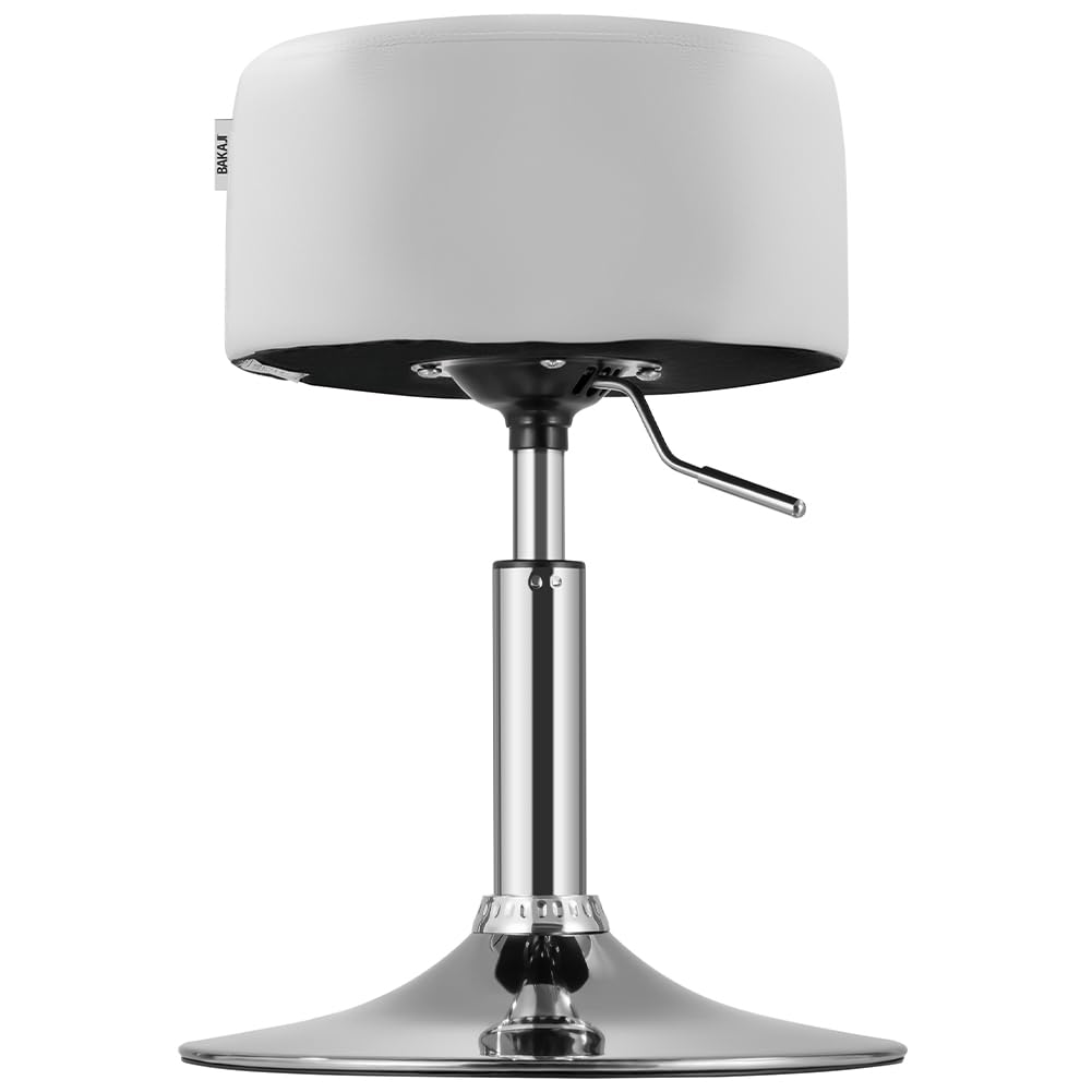 BAKAJI Sgabello Make Up per Toeletta Trucco Design Rotondo, Struttura Robusta Girevole a 360° Regolabile Altezza, Seduta Comoda e Imbottitura Alta Densità Ergonomica, Sedia Rivestimento Pelle (Bianco)