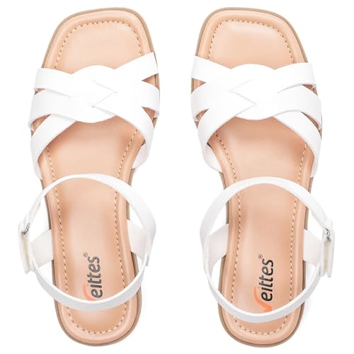 Veittes Women's Flat Slide Sandals - Casual Braided Strappy with Adjustable Buckle Summer Sandals.White 7