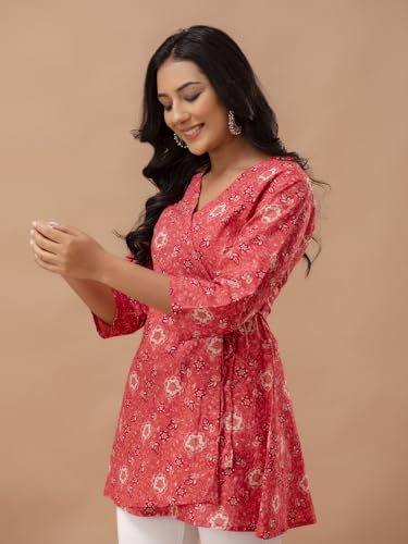 Image of feranoid Floral Print Angrakha 3 Sleeves Flared Kurti