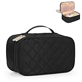 Relavel Makeup Bag, Small Makeup Bag for Women, Travel Cosmetic Bag, 2 Layers Waterproof Makeup Organizer Storage with Makeup Brush Holder, Black