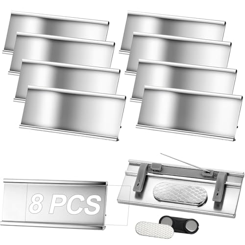 8 Stück Namensschilder für Kleidung Magnet Namensschilder Vielseitiges 3-in-1 Design Doppelmagnet Nadel und Taschenclip Aluminium Namensschild für Arbeit Ausstellung Schule 70 x 32 mm