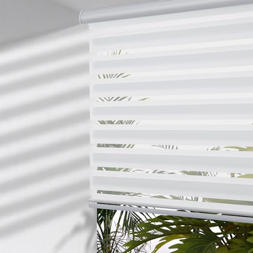 MYshade Cordless Zebra Blinds with Free-Stop Function - Dual Layer Light Filtering & Privacy Sheer Shades for Day and Night - Easy Install Window Shades for Home, Living Room, 33.5" W*72" H,White