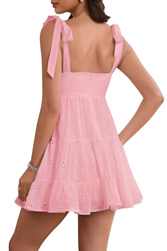 Image of Summer Dress for Women 2026 Floral Eyelet Mini Dress Sleeveless V Neck Tie Shouder Flowy A Line Cute Short Sundress