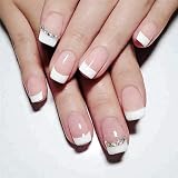 24pcs Short Press on Nails White French Tips Fake Nails Square Shape Glue on Nails with Rhinestone D
