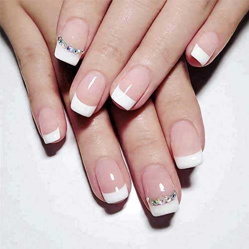 24Pcs Short Press On Nails White French Tips Fake Nails Square Shape Glue On Nails With Rhinestone Designs Glossy Pink False Nails Full Cover Stick On Nails Artificial Nails For Women Manicure Diy #TOP14