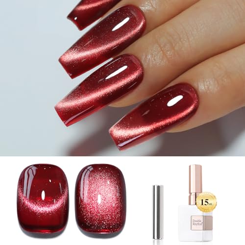 Image of Double Rhythm Jelly Glass Cat Eye Gel Polish with Magnet 15ML Holographic Glitter Shimmer Translucent Sheer Color Magnetic Nail Polish Salon DIY at Home (Dark Red-MC1054)