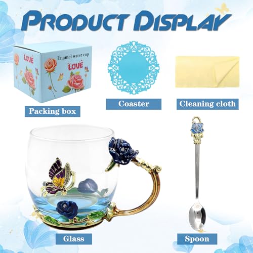 Qinhai Enamel Butterfly Flower Tea Cup Sets, Glass Coffee Mug, Mothers Day Gifts for Mum, Wedding Birthday Valentines Graduation Christmas Present for Women Wife Her Grandma Teacher Friend (Blue)