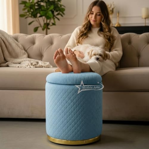 Image of Premium Round Storage Ottoman Stool 13 X 13X 16 inch, with Gold Metal Base | Luxury Pouffe with Hidden Storage | Cushioned Footrest for Living Room, Bedroom & Lounge Sky Blue