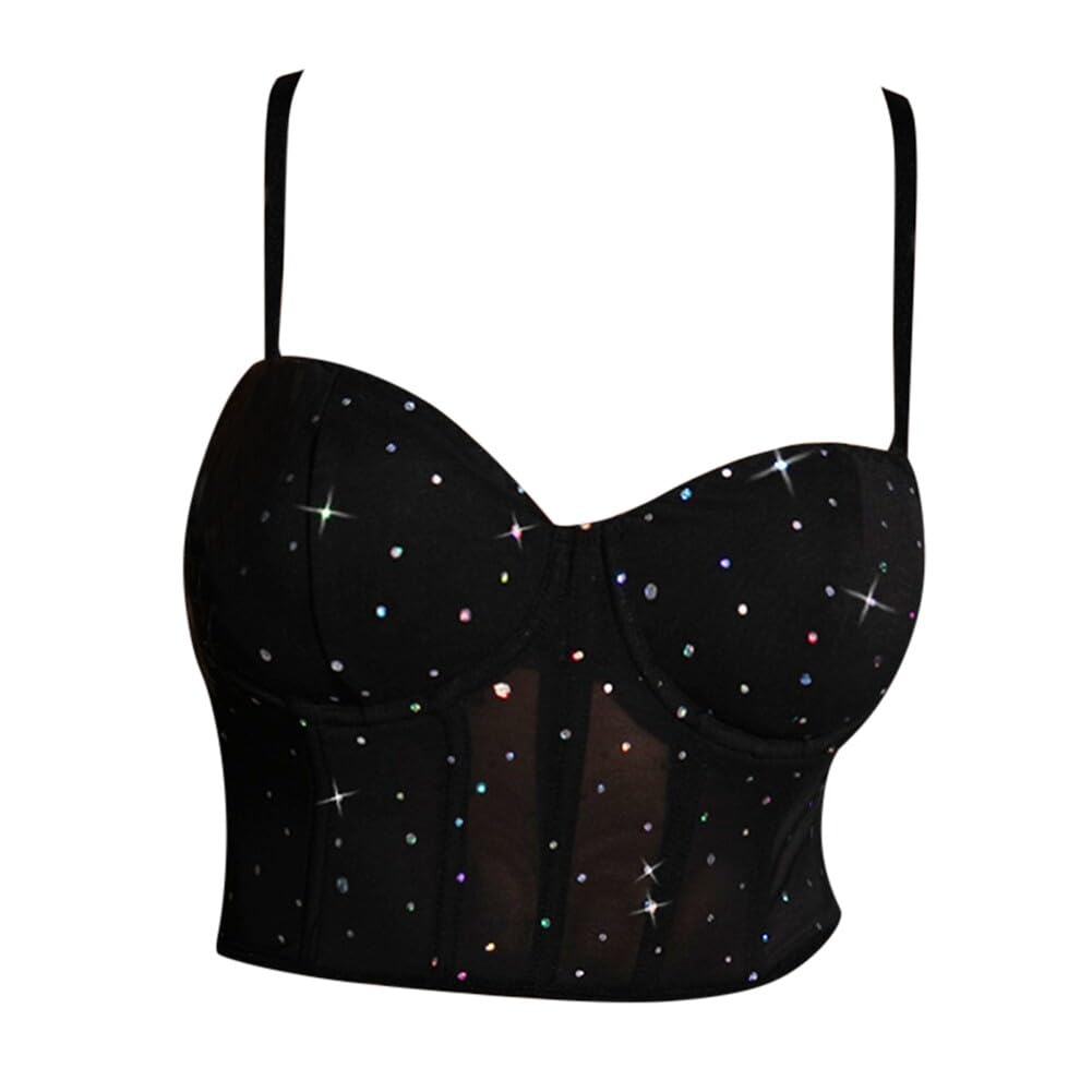 Top corto da donna con paillettes, top con spalline e ferretto integrato, senza maniche, schiena scoperta