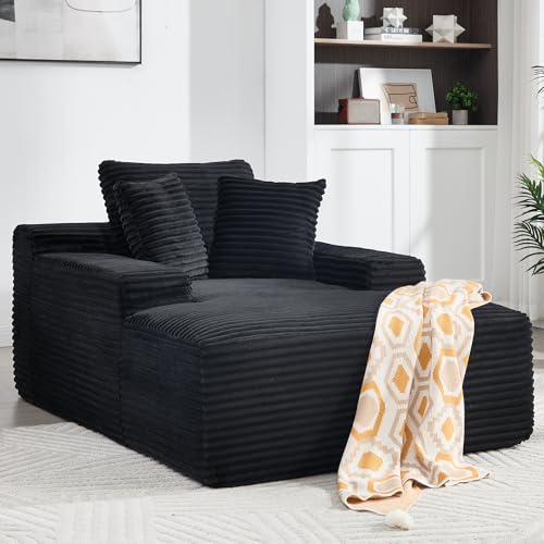 67\" Oversized Chaise Lounge Chair, Modern Corduroy Cloud Couch with 3 Pillows, Deep Seat Boneless Sofa for Living Room, Reading Nap Chair, No Assembly Required, Machine Washable Cover (Black)