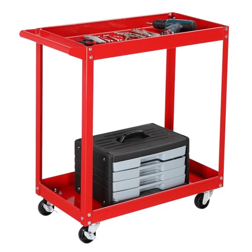 TUFFIOM 2 Tier Rolling Tool Cart on Wheels w/2 Brake, 220 LBS Capacity Heavy Duty Commercial Utility Tool Service Cart, Tool Organizer for Mechanic,Garage,Workshop,Warehouse & Repair Shop