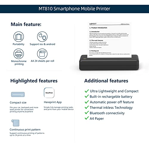 Hprt Mt810 Portable Printers Wireless For Travel, Bluetooth Printer Compatible With Android Ios Phones & Laptops Support 8" & 4" Thermal Roll Paper Suitable For Home Vehincles Office Business Travel #TOP4