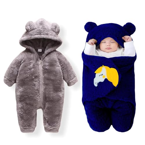 Image of Baby Bear Hooded Fleece Romper and Swaddle Wrap Set, Plush Teddy Design, Brown (2, Grey&Navy, Baby)