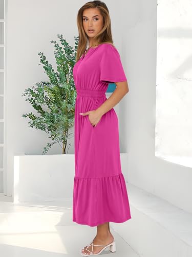 ANRABESS Women's Summer Short Sleeve Maxi Dress 2026 Casual V Neck High Waist A-Line Flowy Loose Tiered Boho Long Dresses Red Small — view 4