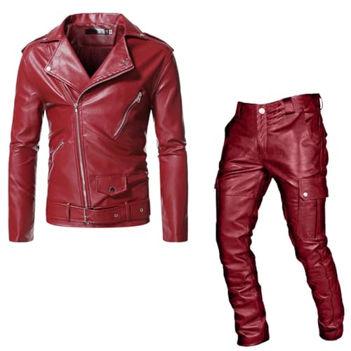 KBOPLEMQ Combinaison de moto classique en cuir synthétique pour homme - Veste d'aviateur et pantalon de motard rockabilly - Veste punk - Veste de loisirs - Veste en cuir et pantalon en latex - Pour