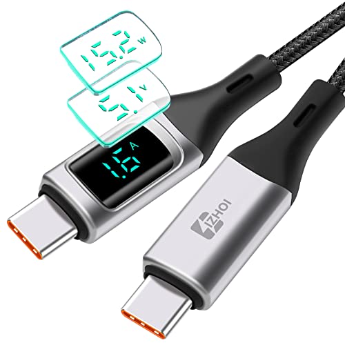 IZHOI Câble USB C vers USB C 100W, avec Affichage LED à Tour de Rôle Montrant W/V/A, Charge Rapide PD pour iPad Air, iPad Pro, Mac Book Pro, Samsung Galaxy S21 et S22 (2m, Argent)