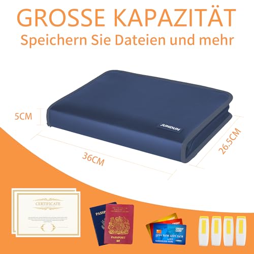 JUNDUN Fächermappe - Dokumentenmappe a4 mit mehreren Fächern - Feuerfest Dokumententasche mit Reißverschluss und Etiketten - für A4-Dateien und mehr(13 Fächern, Blau)