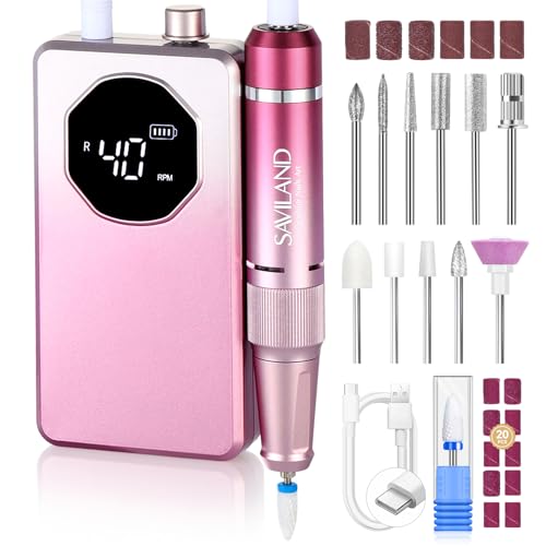 SAVILAND 2026 Electric Nail Drill Professional: 40000RPM 30-Second Removal & All-Day Runtime, Nail File with LED Display & Complete Bits Set for Acrylic, Dip Nails, Salon & Home Use (Gradient Pink)