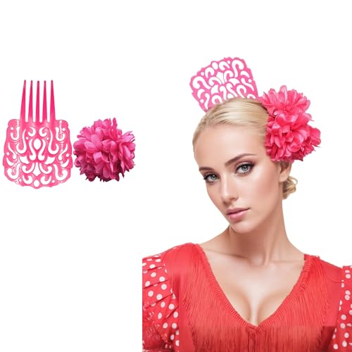 Peineta flamenca grande, clips de flor para el pelo mujer, pack 2 PCS, accesorio fiesta sevillana feria andaluza traje regional flamenco (ROSA LISO, Grande)