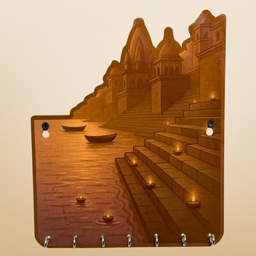 Image of Banaras Ghat-Inspired MDF Key Holder - UV Printed Wooden Wall Hanging (9.4 x 8.6 in