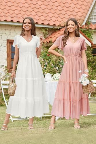 VOTEPRETTY Women's 2025 Summer Boho Maxi Dresses Flutter Short Sleeve V Neck Casual Beach Wedding Guest Vacation Long Dress3