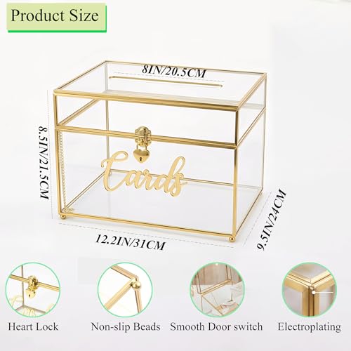 Image of Wedding Card Box with Heart Lock, Large Metal Glass Card Box with Gold Frame for Party Reception, Wedding, Baby Showers, Birthdays, Bridal, or Graduation, 12x9.5x8.5 Inches