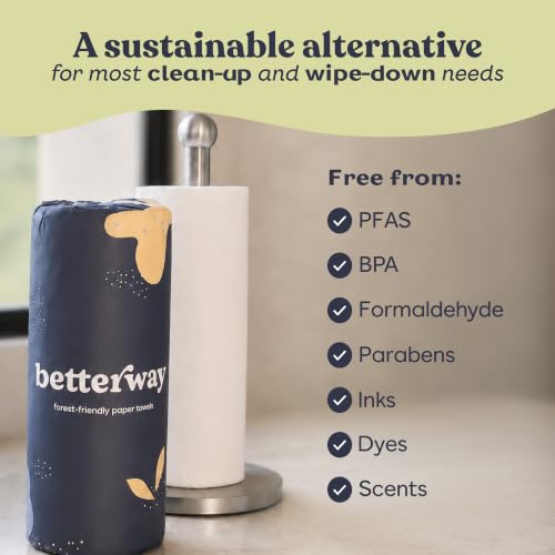 Image of Betterway Bamboo Paper Towels 12 Pack - Non Toxic, Eco Friendly, PFAS Free - 140 Sheets /Roll, 2-Ply, No Plastic, No Dyes, Compostable, Sustainable, Strong & Absorbent, FSC Certified, Natural, White
