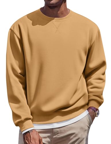 COOFANDY Men's Crewneck Fleece Sweatshirts Long Sleeve Winter Pullover Casual Fashion Sweatshirt Soft Warm Pullovers Light Tan