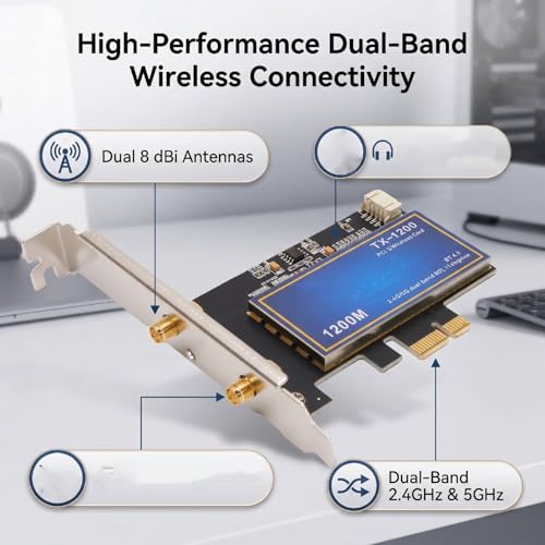 Tarjeta de Red WiFi Dual Band PCIe Zunate con Bluetooth 4.0, 867Mbps 5GHz 300Mbps 2.4GHz, Adaptador Inalámbrico con Dos Antenas Externas de 8dBi, 802.11ac para PC de Escritorio miniatura 2