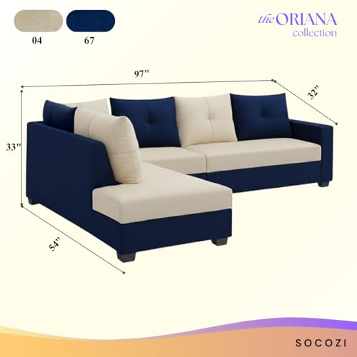 Image of SOCOZI Oriana 6 Seater LHS L Shape Sofa Set | Soft Velvet Suede Fabric | Modern Design | Plush Comfort Cushions for Living Room (Dark Blue-Cream)