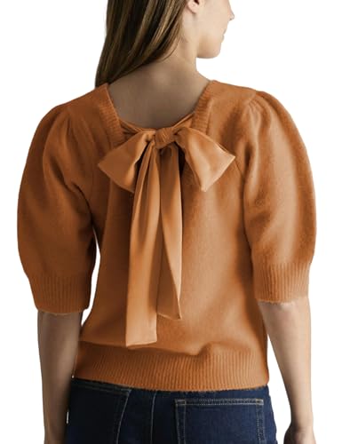 Image of Seyumixi Women Cute Bow Sweater Puff Short Sleeve Crewneck Knitted Shirt Bowknot Tie Back Knit Pullover Tops
