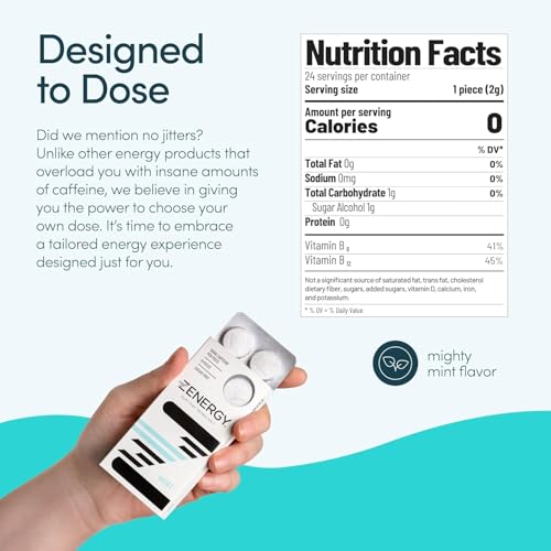 ZENERGY Energy Gum - Mint Flavor | 50mg Caffeine + 35% B6 and 45% B12 Vitamin | Vegan, 0 Sugar, 0 Calories, 0 Gluten, 0 Aspartame, Non-GMO, Instant Action | 1 Pack = 8 Count