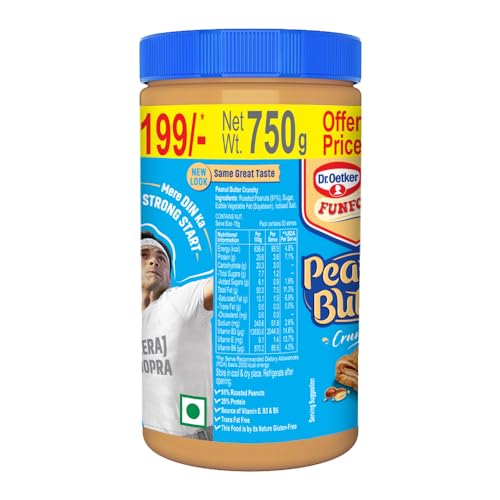 Image of Dr. Oetker FunFoods Peanut Butter Crunchy,750G|91% Roasted Peanuts|25% Protein per 100G|Source Of Vitamin E,B3 & B6|Nutty & Sweetened Nut Butter|Plant-Based Protein Spread