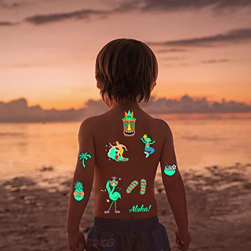 Luminous Temporary Tattoos Stickers For Kids 113 Pieces Mixed Style Glow In The Dark Summer Slipper Sunglasses Ice Cream Flamingo Pineapple Tattoos Hawaii Beach Glow Party Supplies Gifts For Children Boys Girls #TOP2