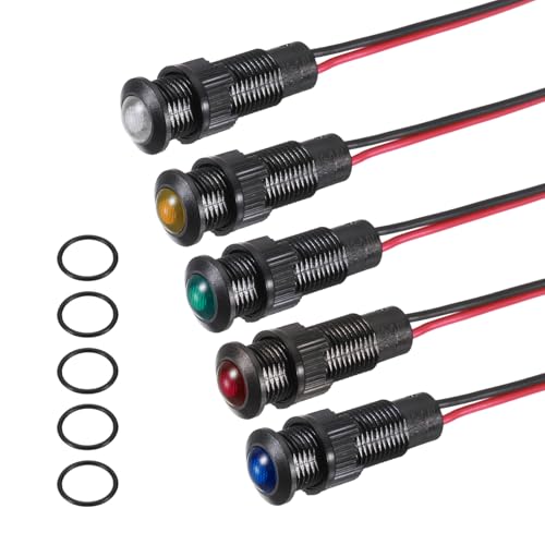 Image of PATIKIL 5Pcs 8mm(5/16") Indicator Light,12V-24V AC/DC LED Plastic Shell Signal Lamp Waterproof IP67 Round Head Signal Lights with 150mm(5.9") Cable for Boat Car,5 Colors