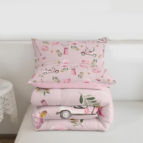 Image of Feelyou Pink Golf Comforter Set Twin Size Leaves Bedding Set for Kids Boys Girls Sports Golfing Theme Duvet Quilt Bedroom Decor Microfiber 2 Pcs with 1 Pillow Cases