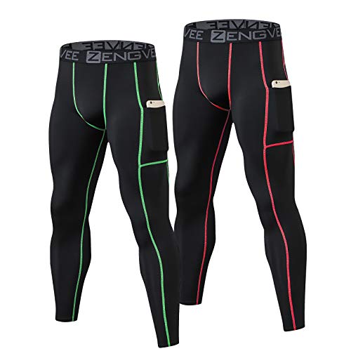 HUAKANG Lot de 2 collants de compression pour hommes Couche de base de course à sec et à sec avec poches Leggings de sport(ES-WJ-1-0909-2Black-XL-1) Cover
