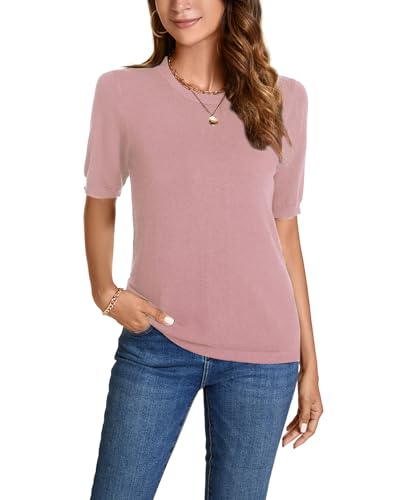 Image of Womens Short Sleeve Sweaters Tops Crew Neck Pullover Shirt Lightweight Knit Sweater Blouse