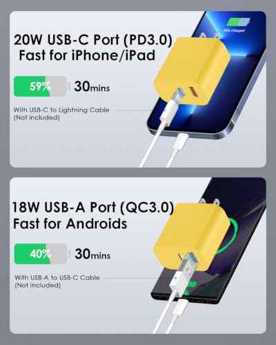 Image of [4 Pack] USB C Charger Block Fast Charging Multiport Adpater [PD 20W USB-C & QC 3.0 USB-A Port] for iPhone 17 /16 /15 /14 /13 /12 /11 /X /8, iPad, Galaxy, Google & More [Yellow]