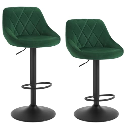 WOLTU Bar Stools Dark Green Breakfast Dining Stool for Kitchen Island Counter Bar Stools Set of 2 pcs Velvet Exterior Adjustable Swivel Gas Lift Steel Footrest & Base