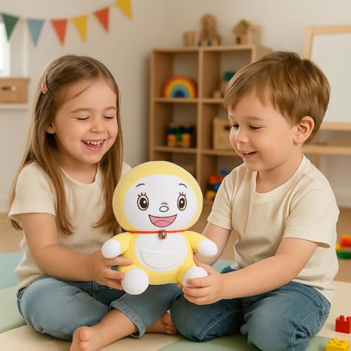 Image of Doreme Premium Yellow Plush Doll with Adorable Face Bell Collar Ultra Soft Stuffed Cartoon Toy with White Belly Front Pocket Perfect for Kids Plush Gifts Comfort Everyday Snuggles (20cm)