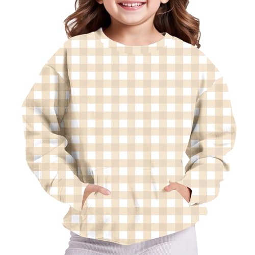 DDAPJ pyju Girls Pullover Plaid Crewneck Sweatshirts Fall Winter Long Sleeve Sweatshirt with Pocket Cute Tops for Girls 2-123