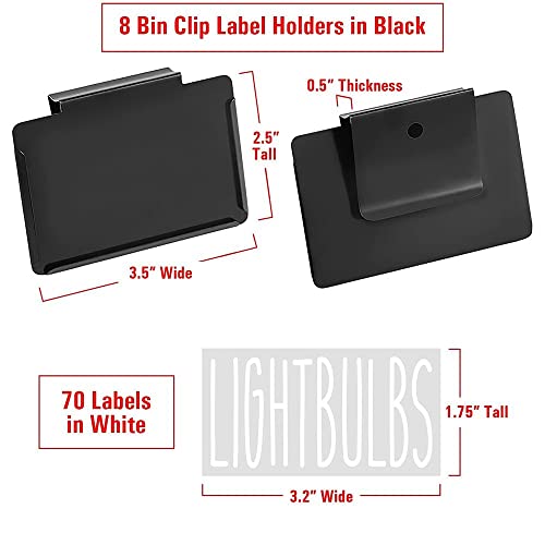 Talented Kitchen 8 Black Basket Labels Clip On with 70 White Household Items Labels. Removable Bin Clip Labels for Baskets. Organization and Storage Baskets Labels (Black Clip/White Household Labels)