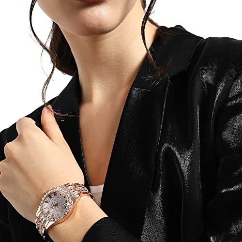 Image of Haute Sauce Women's Embellished Analog Dial with Stainless Steel Strap | Battery Power | Foldover Closure | Quartz Movement | Fashion Wrist Belt Watch for Female and Girls
