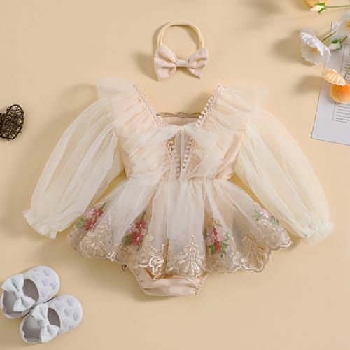 BULINGNA Infant Baby Girl Tutu Romper Dress with Headband Mesh Long Sleeve Floral Lace Embroidery Skirt Birthday Outfit2